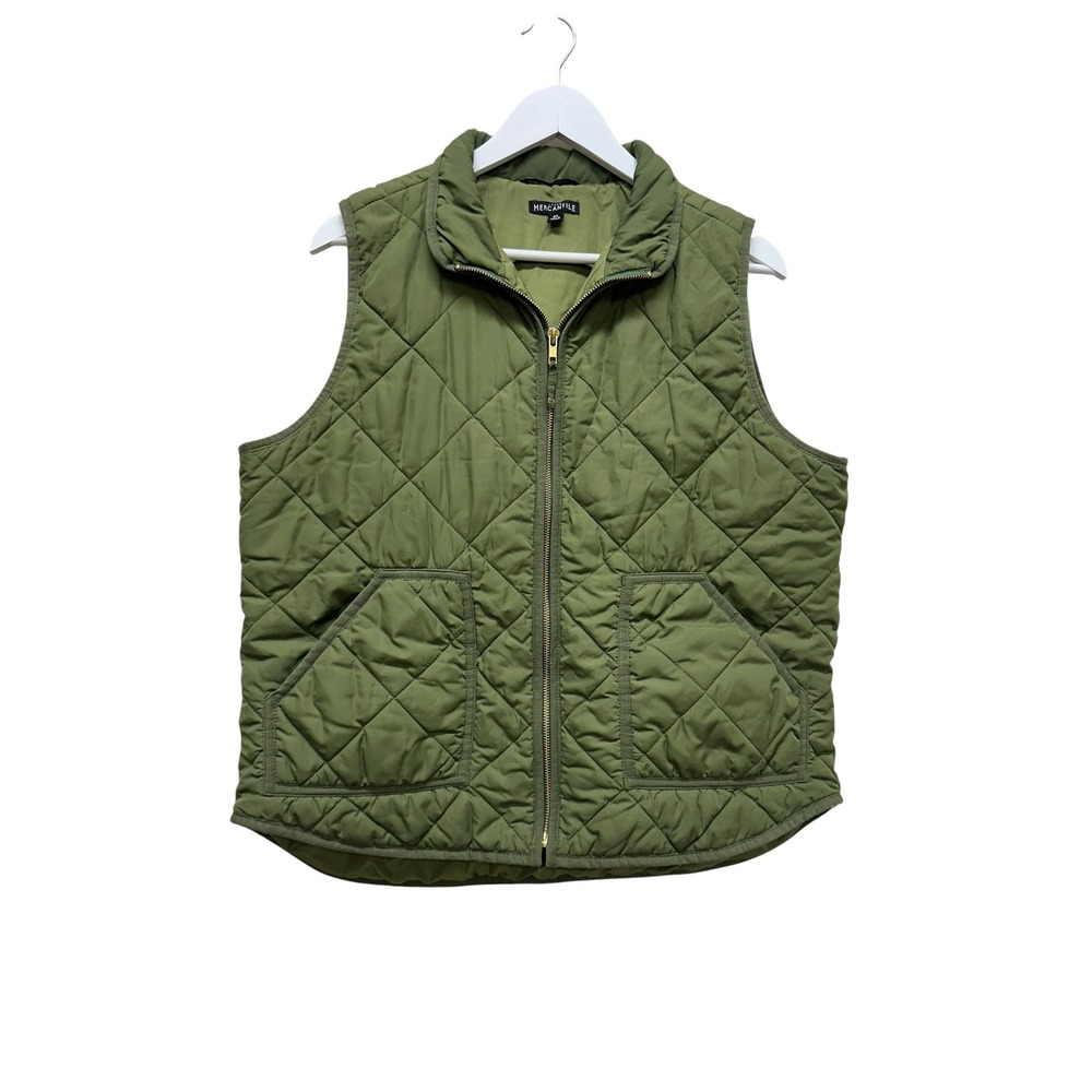 J.Crew Mercantile Womens XL Olive Green Diamond Quilted Zip Up Vest Pockets